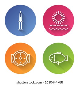 Set line Army knife, Sun and waves, Wind rose and Fish. Color circle button. Vector