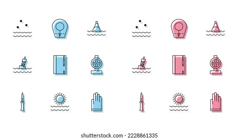 Fijar la línea Cuchillo del ejército, Sol y olas, Frío, Guantes, Lápiz de libro de notas submarinas, Válvula de tubos metálicos de la industria, Boya flotante en el mar e icono del capó de buceo. Vector