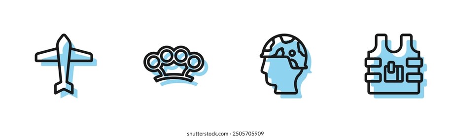 Set Linie Armee Soldat, Jet Kämpfer, Messing Knöchel und kugelsichere Weste Symbol. Vektorgrafik