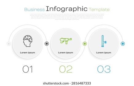 Set line Army soldier, Submachine gun M3 and Police rubber baton. Business infographic template. Vector