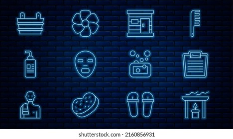 Set line Aroma candle, Bathroom scales, Sauna wooden bathhouse, Facial cosmetic mask, Cream or lotion tube, bucket, Bar of soap and Flower icon. Vector