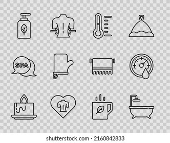 Set line Aroma candle, Bathtub, Sauna thermometer, Massage, Essential oil bottle, mittens, Cup of tea leaf and  icon. Vector