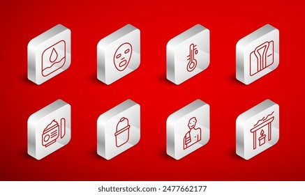 Set line Aroma candle, Facial cosmetic mask, Sauna thermometer, Bathrobe, Man in sauna, Water drop, bucket and Cream or lotion tube icon. Vector