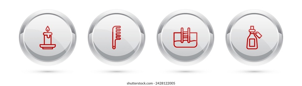 Set line Aroma candle, Hairbrush, Swimming pool with ladder and Essential oil bottle. Silver circle button. Vector