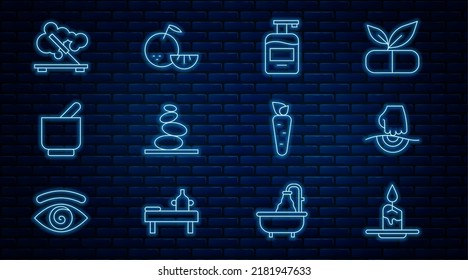 Set Line Aroma Candle, Massage, Bottle Of Liquid Soap, Stack Hot Stones, Mortar Pestle, Scented Spa Stick, Carrot And Citrus Fruit Icon. Vector