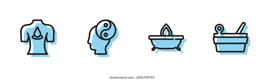 Set line Aroma candle, Massage with aroma oils, Yin Yang and Sauna bucket ladle icon. Vector