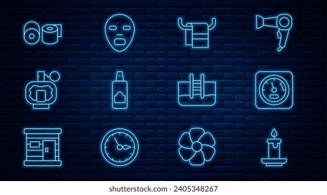 Set line Aroma candle, Sauna thermometer, Towel on hanger, Spray for hairspray, Aftershave, Toilet paper roll, Swimming pool with ladder and Facial cosmetic mask icon. Vector