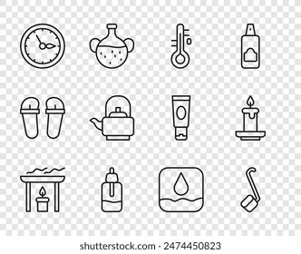 Set line Aroma candle, Sauna ladle, thermometer, Essential oil bottle, clock, Kettle with handle, Water drop and  icon. Vector