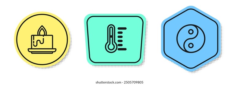 Set line Aroma candle, Sauna thermometer and Yin Yang. Colored shapes. Vector