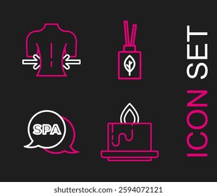 Set line Aroma candle, Spa salon, diffuser and Massage icon. Vector