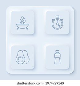 Set line Aroma candle, Stopwatch, Avocado fruit and Bottle of water. White square button. Vector