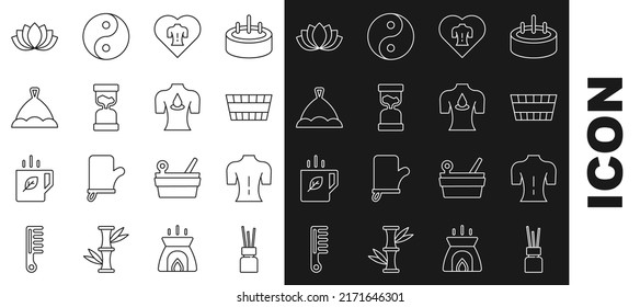 Set line Aroma diffuser, Massage, Sauna bucket, Old hourglass, hat, Lotus flower and with aroma oils icon. Vector