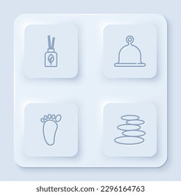 Set line Aroma diffuser, Sauna hat, Foot massage and Stack hot stones. White square button. Vector