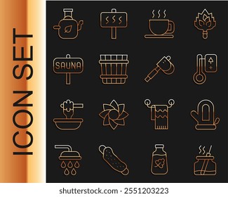 Set line Difusor de aroma, manopla de sauna, termómetro, taza de té, cubo, tetera con hoja e icono de hacha de madera. Vector