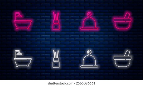 Set line Aroma diffuser, Sauna hat, Bathtub and Mortar and pestle. Glowing neon icon on brick wall. Vector