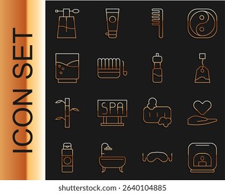 Set line Aroma lamp, Heart on hand, Tea bag, Hairbrush, Sauna bucket ladle, Glass with water, Perfume and Bottle of icon. Vector