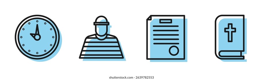 Set line The arrest warrant, Clock, Prisoner and Holy bible book icon. Vector