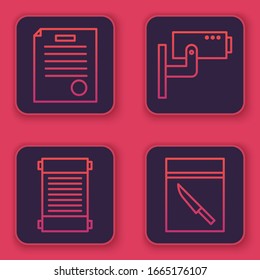 Set line The arrest warrant, Decree, paper, parchment, scroll, Security camera and Evidence bag and knife. Blue square button. Vector
