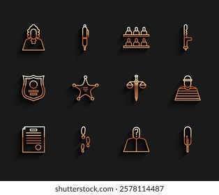 Set line The arrest warrant, Footsteps, Judge, Anonymous with question mark, Feather pen, Hexagram sheriff, Prisoner and Scales of justice icon. Vector