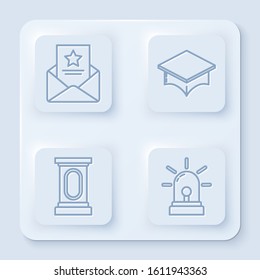 Set line The arrest warrant, Graduation cap, Stage stand or debate podium rostrum and Flasher siren. White square button. Vector
