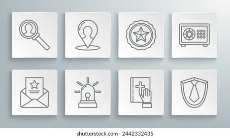 Set line The arrest warrant, Map marker with silhouette of person, Flasher siren, Oath the Holy Bible, Tie, Police badge, Safe and Magnifying glass for search icon. Vector