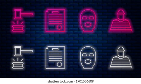 Stell die Linie Der Haftbefehl, die Diebstahlmaske, die Richterbruecke und der Gefangene. Leuchtendes Neonsymbol an der Ziegelwand. Vektorillustration