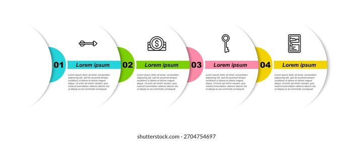 Set line Arrow, Ancient coin, Old key and Card game collection. Business infographic template. Vector