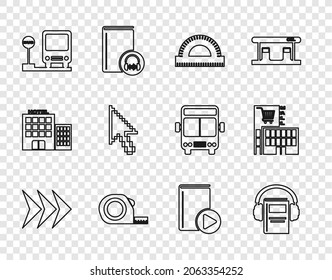 Set line Arrow, Audio book, Protractor grid, Roulette construction, Bus stop, Pixel arrow cursor,  and Mall supermarket building icon. Vector