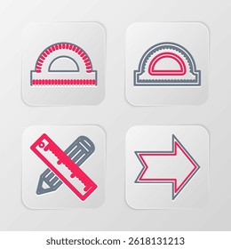 Set line Arrow, Crossed ruler and pencil, Protractor grid and  icon. Vector
