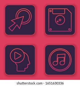 Set line Arrow cursor, Head people with play button, Floppy disk for computer data storage and Music note, tone. Blue square button. Vector