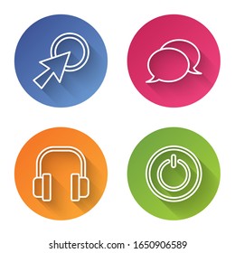 Set line Arrow cursor, Speech bubble chat, Headphones and Power button. Color circle button. Vector