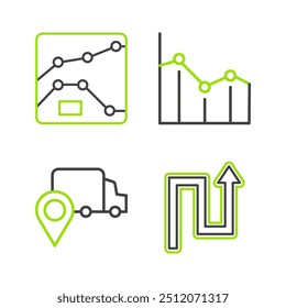 Set line Arrow, Delivery tracking, Pie chart infographic and Graph, chart, diagram icon. Vector