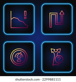 Establecer flecha de línea, medidor de velocidad digital, disminución del crecimiento financiero y . Iconos de color de degradado. Vector