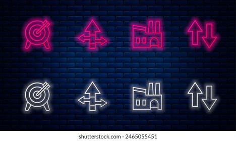Linien-Pfeil, Factory, Ziel und festlegen. Glühende Neon-Ikone auf Ziegelmauer. Vektorgrafik