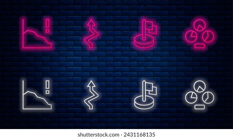 Establecer flecha de línea, bandera, disminución del crecimiento financiero e infografía de gráfico circular. Icono de neón brillante en la pared de ladrillo. Vector