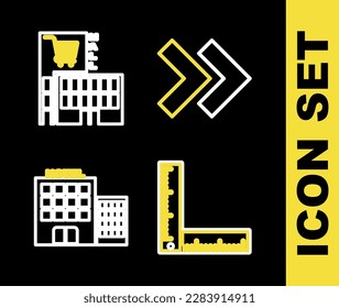 Set line Arrow, Folding ruler, Hotel building and Mall or supermarket icon. Vector