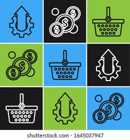 Set line Arrow growth gear business, Shopping basket and Coin money with dollar icon. Vector
