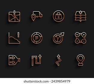 Set line Arrow, Intersection point, Location, Pie chart infographic, Infographic element and Financial growth icon. Vector