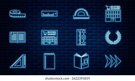 Set line Arrow, Laurel wreath, Protractor grid, Supermarket building, Open book, Tape measure, Measuring height and length and Ruler icon. Vector