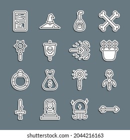 Set line Arrow, Magic staff, Quiver with arrows, Lute, Pirate flag, Medieval chained mace ball, Card game collection and  icon. Vector