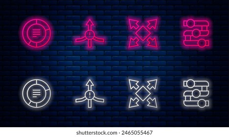 Establecer línea Flecha, muchas maneras flecha direccional, infografía de gráfico circular y gráfico, gráfico, diagrama. Icono de neón brillante en la pared de ladrillo. Vector