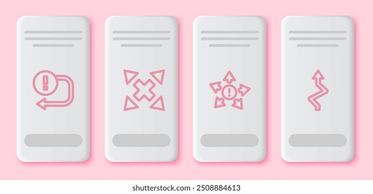 Set line Arrow, Many ways directional arrow,  and . White rectangle button. Vector