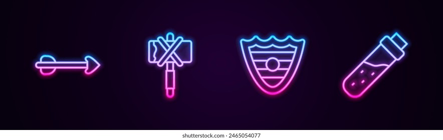 Fijar línea Flecha, hacha medieval, escudo y botella con poción. Icono de neón brillante. Vector