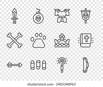 Fijar flecha de línea, arco medieval, armadura corporal, bala, espada para el juego, huella de pata del oso, varita mágica e icono del libro de la Biblia Santa. Vector