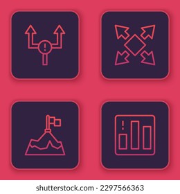 Set line Arrow, Mountains with flag, Many ways directional arrow and Pie chart infographic. Blue square button. Vector