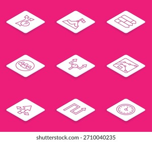 Set line Arrow, Mountains with flag, Pie chart infographic, Project team base, Graph, chart, diagram,  and  icon. Vector