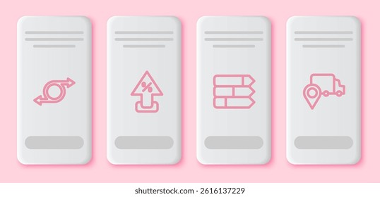 Set line Arrow, Percent up arrow, Pie chart infographic and Delivery tracking. White rectangle button. Vector