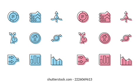 Set line Arrow, Pie chart infographic, Digital speed meter,  and Graph, chart, diagram icon. Vector