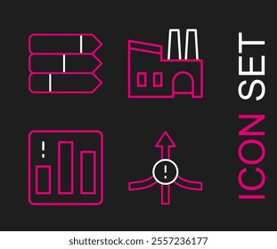 Set line Arrow, Pie chart infographic, Factory and  icon. Vector