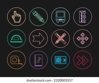 Set line Arrow, Pixel arrows in four directions, Bus, Protractor grid, hand cursor, Crossed ruler pencil and Pencil icon. Vector